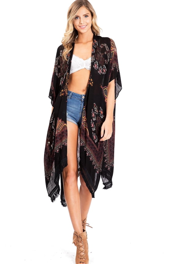 Women's Oversize Bohemian Layering Kimono (One Size, Black)