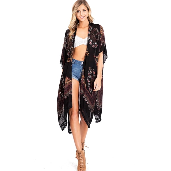 Lana Roux Women's Oversize Bohemian Layering Kimono (One Size, Black)