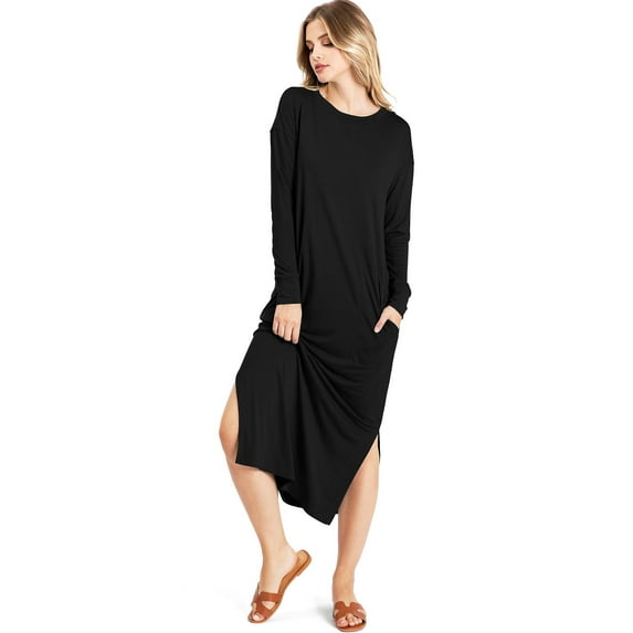 Lana Roux Women's Soft Long Sleeve T Shirt Midi Dress w/ Pockets (Black, Medium)