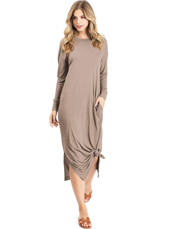 Women's Soft Long Sleeve T Shirt Midi Dress w/ Pockets (Cocoa, Medium)