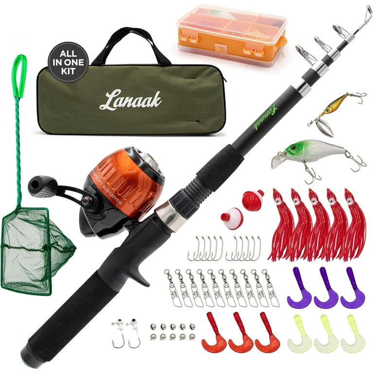 Lanaak Kids Fishing Pole and Tackle Box - with Net, Travel Bag, Reel and Beginner  s Guide - Rod and Reel Kit for Boys, Girls, or Youth Black Rod 