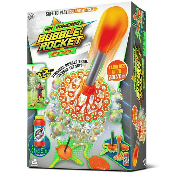 Lanard: Air Powered Bubble Rocket - Load-Stomp-Launch, Streams Bubbles In The Sky, 8oz Solution, Soars Up To 20 Feet, Foam Toy, Outdoor Play, Kids 6+