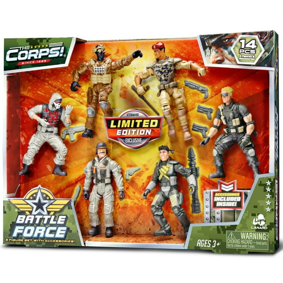 Lanard The Corps! Battle Force - 6 Pack Action Figures, Fully Articulated & Poseable Combat Figurines, Military Toys, 8 Play Accessories, Kids Ages 3+