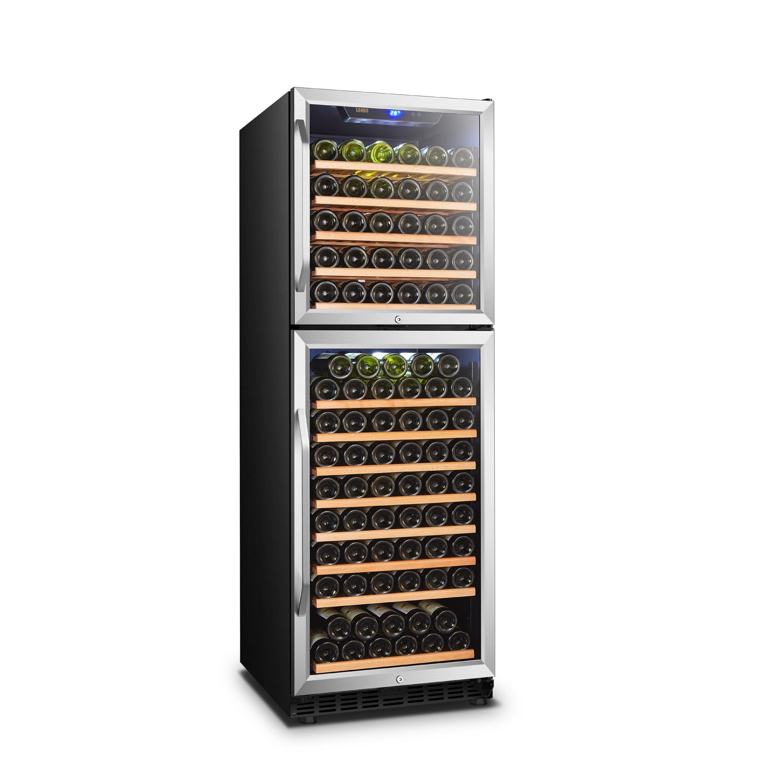 Lanbo 162 Bottle Built in Dual Zone Compressor Wine Cooler 24 inch Width Silver