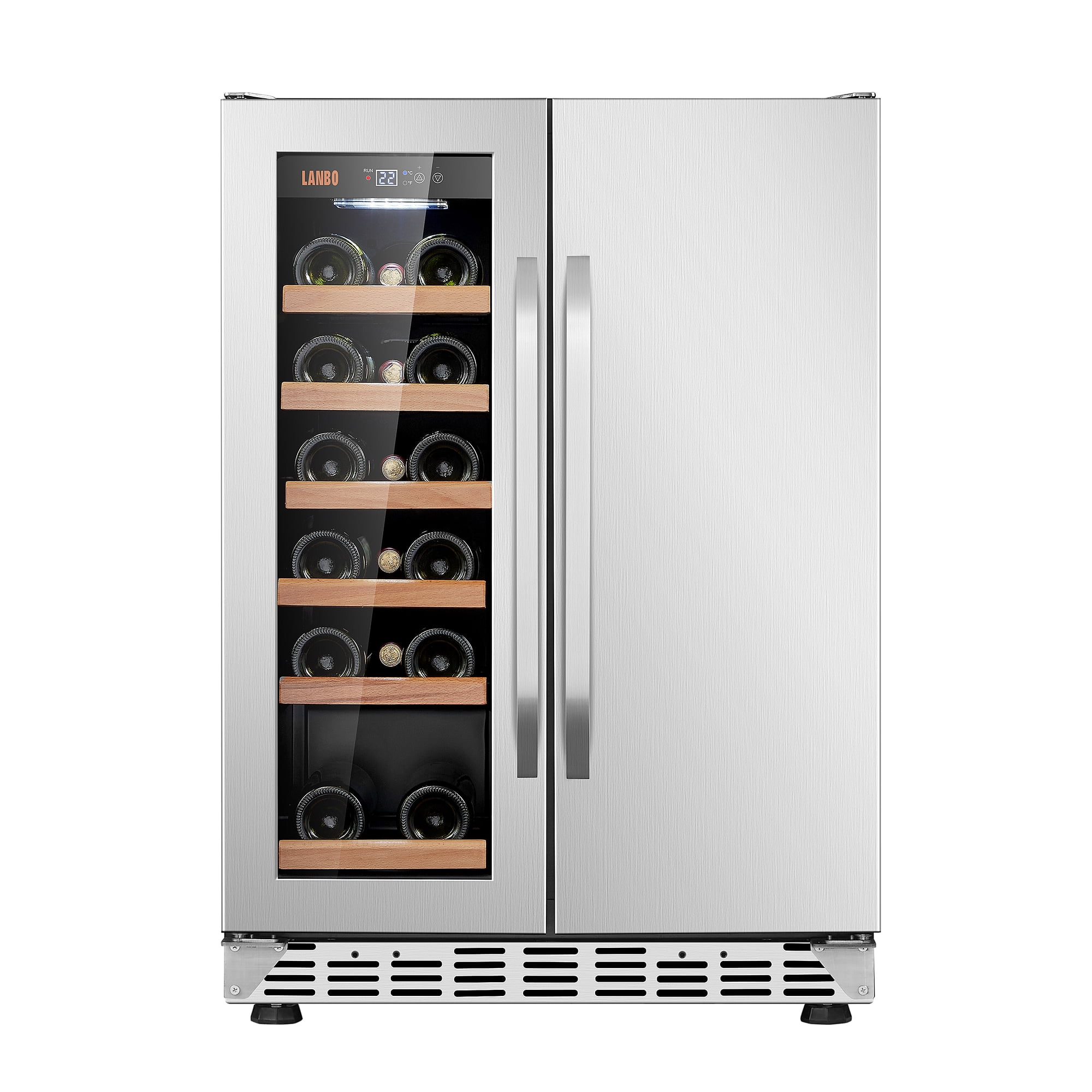 Lanbo 24 inch Dual Zone 18 Bottle Wine and 55 Can Beverage Cooler with French Door