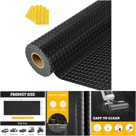 Lanbos Floor Mat-7.5-25 7.5x25 FT Heavy Duty Garage Floor Mat with 2.8mm Thickness, Black Non-Slip PVC Floor Protector for Trailer, Warehouse, Gym