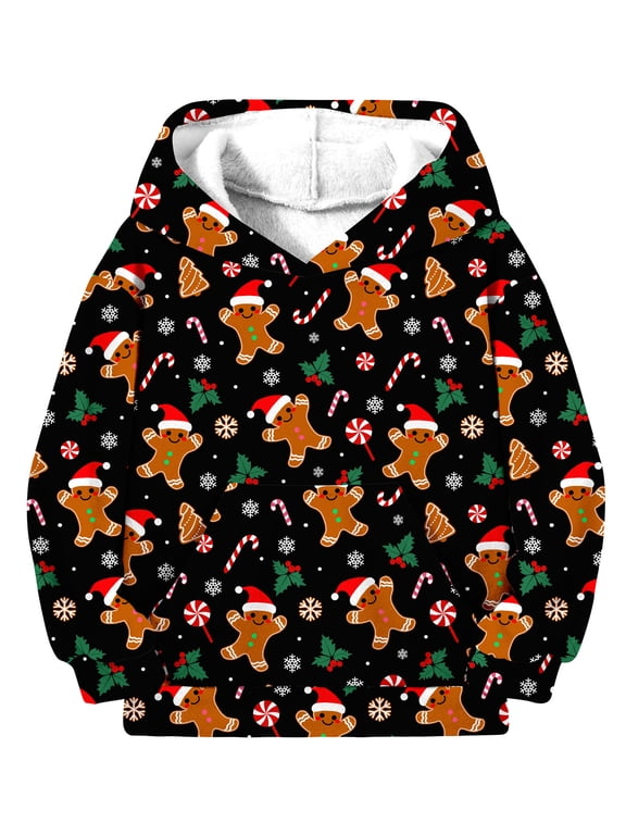 Boys Fleece Lined Christmas Hoodie, Graphic Pullover Sweatshirt with Kangaroo Pocket for Kids 8-14 Y