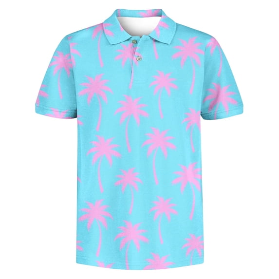 Lanbubble Boys Polo Shirt Hawaiian Palm Print Short Sleeve Casual Golf Collared Shirts Sizes 7-14Y