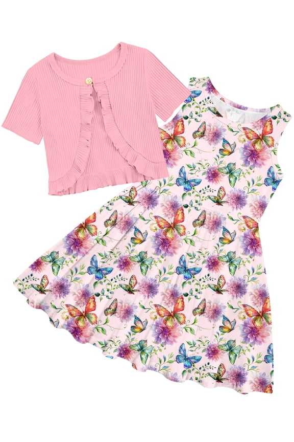 Girls Dresses Sleeveless Summer Dress with Cardigan for Kids Casual, 11-12 Years