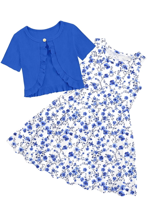 Girls Dresses Sleeveless Summer Dress with Cardigan for Kids Casual, 5-6 Years