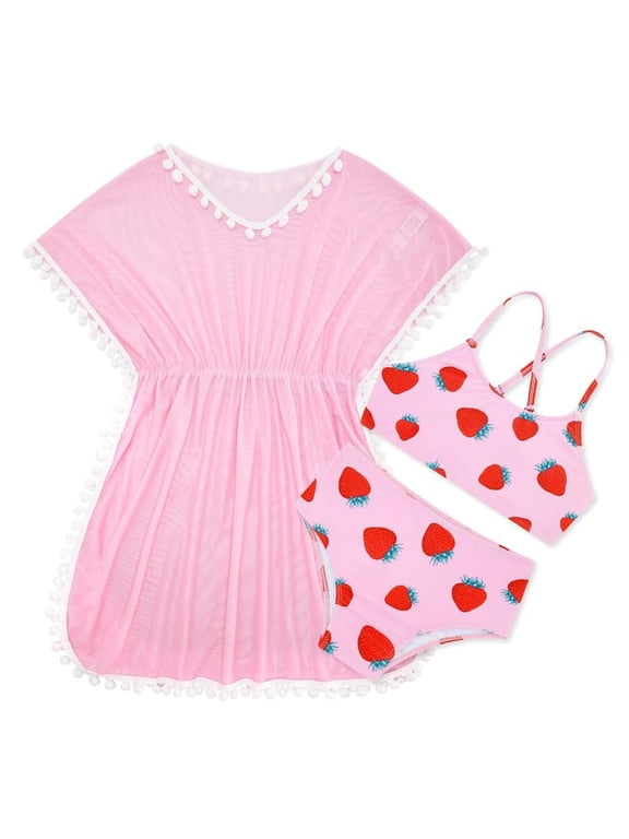 Girls 3 Piece Cover Up Swimsuit Set Hawaiian Bikini Bathing Suit with Pompom Tassel 7-12Y
