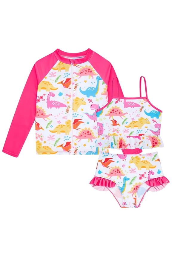 Girls 3 Piece Swimsuit Set Long Sleeve Rash Guard Tankini Bathing Suits Beach Swimwear 3-4 Years