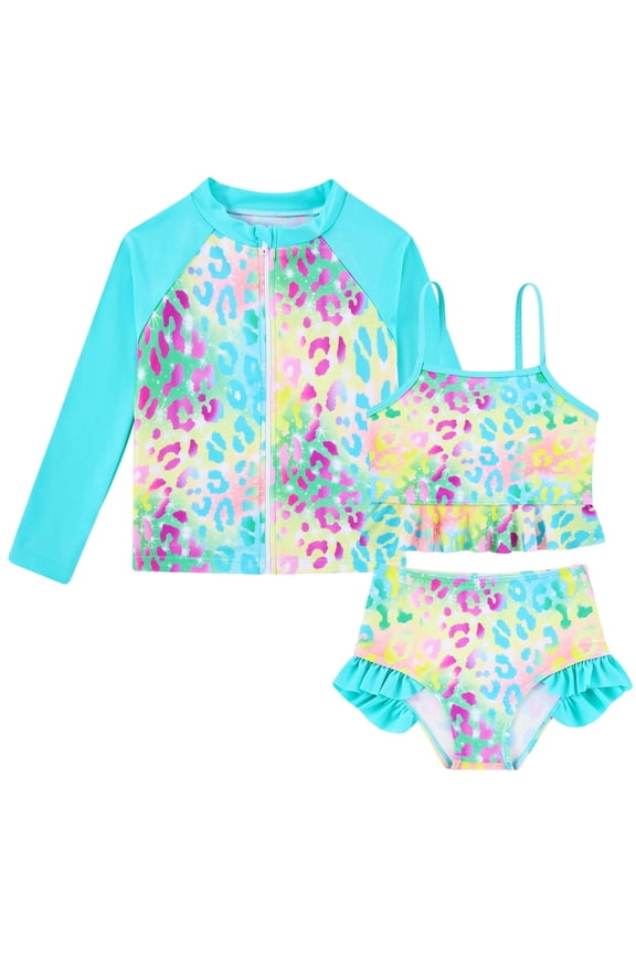 Girls 3 Piece Swimsuit Set Long Sleeve Rash Guard Tankini Bathing Suits Beach Swimwear 3-4 Years