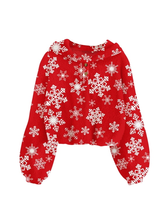 Girls Christmas Hoodie Sweatshirt Warm Pullover Top with Button, Sizes 6-13 Years