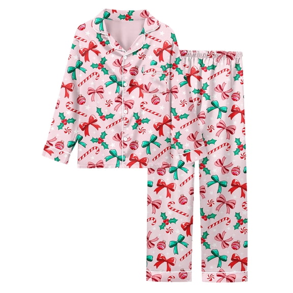 Lanbubble Girls Christmas Pajama Set Silky Satin Feel Long Sleeve Button Down Holiday Sleepwear with Elastic Waist Pants Size 5-14Y
