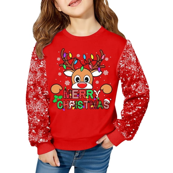 Lanbubble Girls Christmas Sweatshirt, Sequin Sleeve Crewneck Pullover, Sparkly Holiday Graphic Long Sleeve Top, Sizes 6-12Y