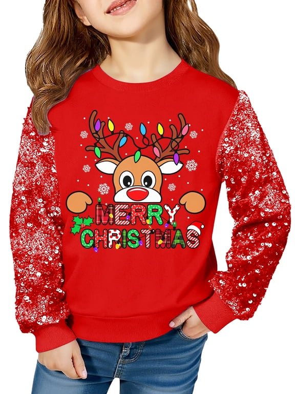 Girls Christmas Sweatshirt, Sequin Sleeve Crewneck Pullover, Sparkly Holiday Graphic Long Sleeve Top, Sizes 6-12Y