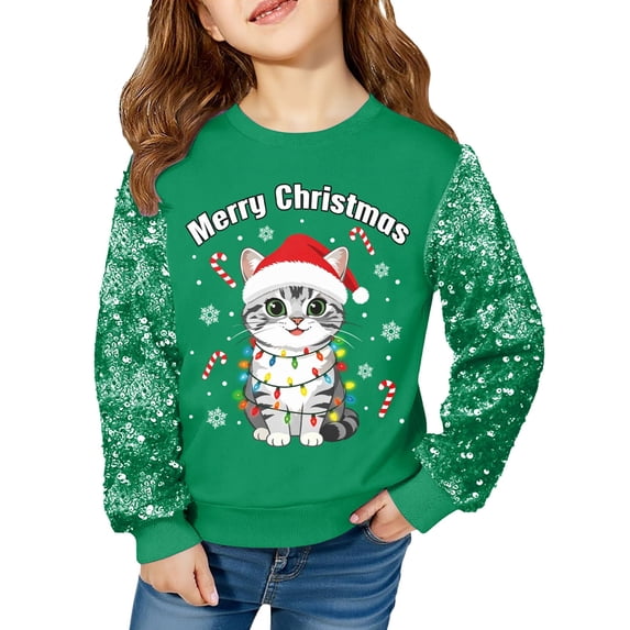 Lanbubble Girls Christmas Sweatshirt, Sequin Sleeve Crewneck Pullover, Sparkly Holiday Graphic Long Sleeve Top, Sizes 6-12Y