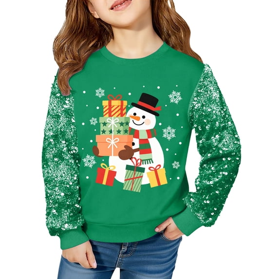 Lanbubble Girls Christmas Sweatshirt, Sequin Sleeve Crewneck Pullover, Sparkly Holiday Graphic Long Sleeve Top, Sizes 6-12Y