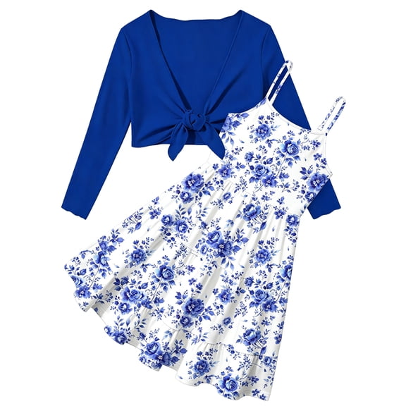 Lanbubble Girls Dress With Cardigan Set For Teen 7-14T Adjustable Cami Dress with Long Sleeve 2 Piece Set Royal Blue Floral Fall Dresses