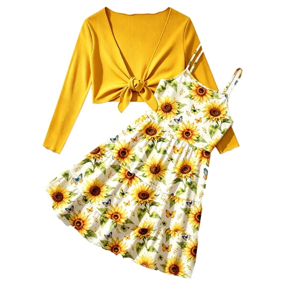 Lanbubble Girls Dresses Adjustable Strap Print Cami Dress With Cardigan 2 Piece Set Sunflower Dress For Girls 7-14T
