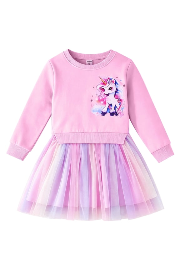 Girls Dresses Long Sleeve Sweat Party Dress with Sequin Tulle Skirt 3-7 Years