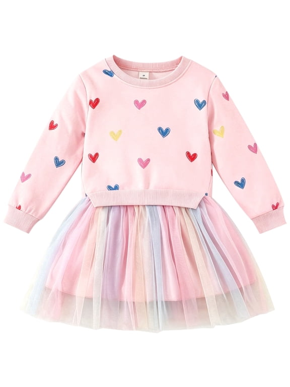 Girls Dresses Long Sleeve Sweat Party Dress with Sequin Tulle Skirt 3-7 Years