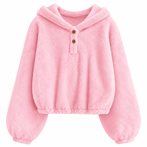 Lanbubble Girls Fuzzy Hoodie Fleece Sweaters Button Pullover Sherpa Jacket Tops for Kids 6-13Y