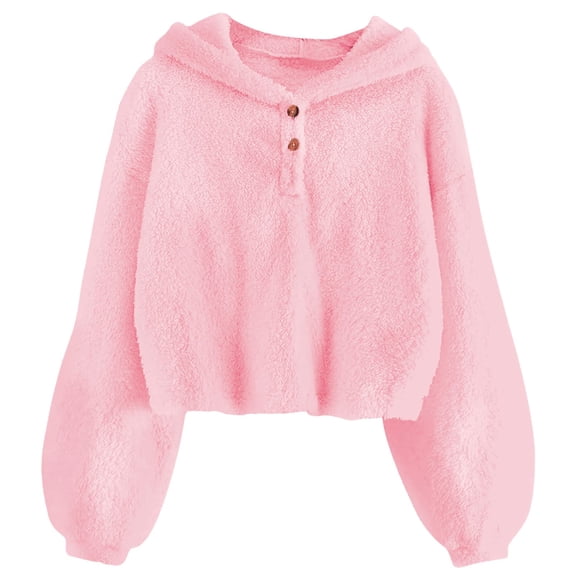 Lanbubble Girls Fuzzy Hoodie Fleece Sweaters Button Pullover Sherpa Jacket Tops for Kids 6-13Y