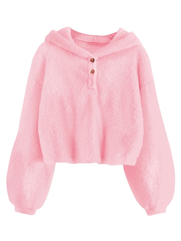 Girls Fuzzy Hoodie Fleece Sweaters Button Pullover Sherpa Jacket Tops for Kids 6-13Y