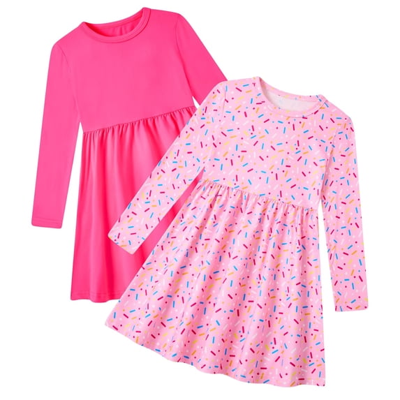 Lanbubble Toddler Girls Long Sleeve Dresses 2 Pack A-Line Casual Play Dresses 2-3T