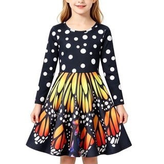 Lanbubble Girls Long Sleeve Dress Butterlfy Printed Casual Dress Twirly Skater Dresses 5-13 Years