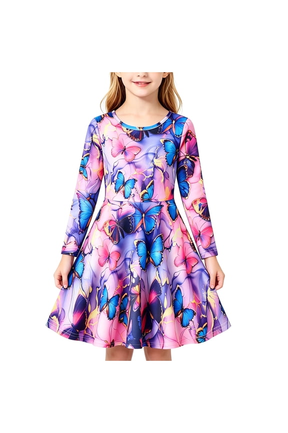 Girls Long Sleeve Dress Butterlfy Printed Casual Dress Twirly Skater Dresses 5-13 Years