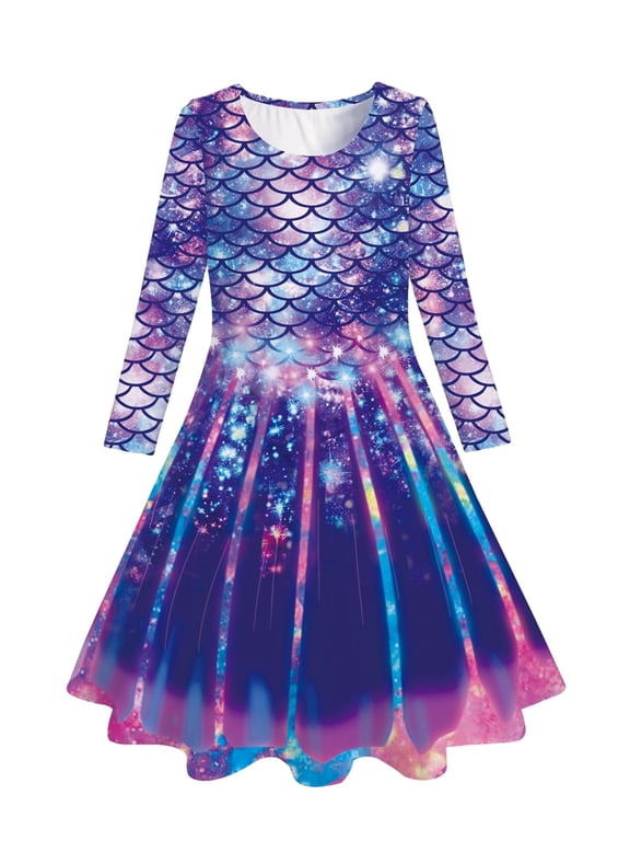 Girls Dresses Long Sleeve Mermaid Printed Casual Twirly Dress Fall Clothes 5-13 Years