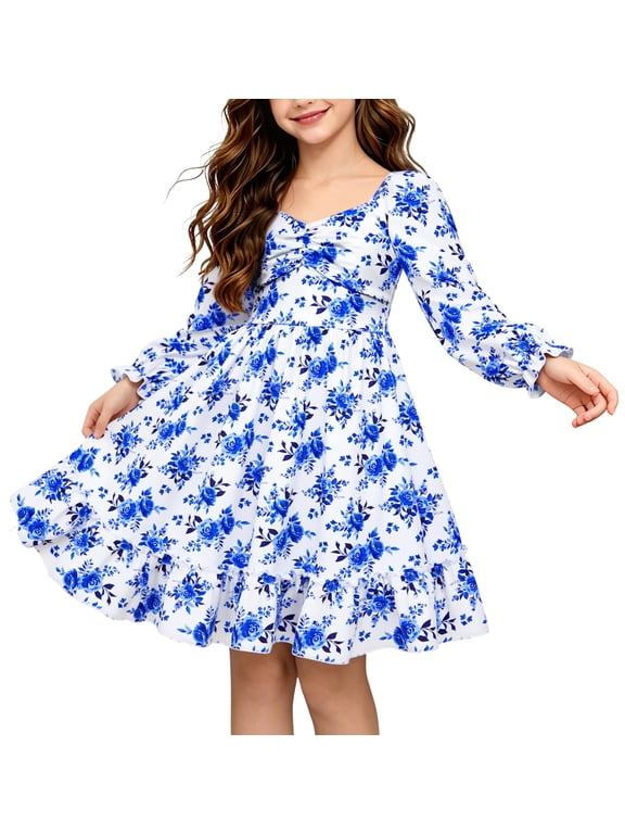 Girls Long Sleeve Floral Dress Square Neck Ruched A-Line Casual fall winter Dress 7-14 Years