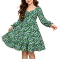 thumbnail image 1 of Lanbubble Girls Long Sleeve Floral Dress Square Neck Ruched A-Line Casual fall winter Dress 7-14 Years, 1 of 10