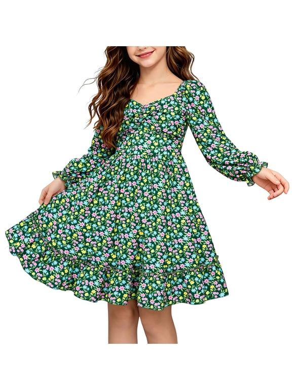 Girls Long Sleeve Floral Dress Square Neck Ruched A-Line Casual fall winter Dress 7-14 Years