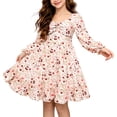 thumbnail image 1 of Lanbubble Girls Long Sleeve Floral Dress Square Neck Ruched A-Line Casual fall winter Dress 7-14 Years, 1 of 11