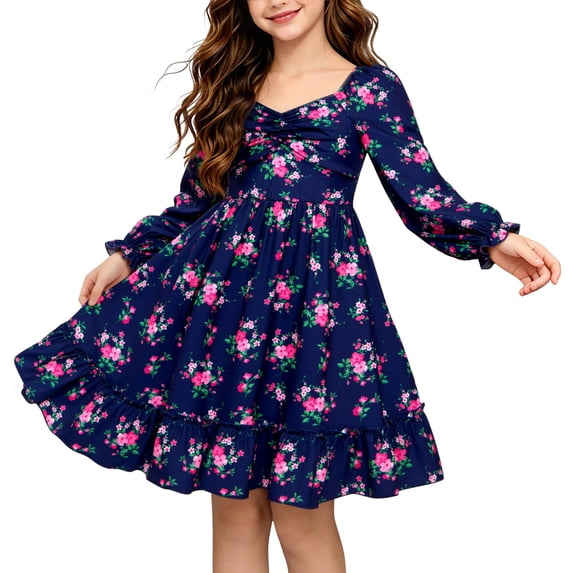 Lanbubble Girls Long Sleeve Floral Dress Square Neck Ruched A-Line Casual fall winter Dress 7-14 Years