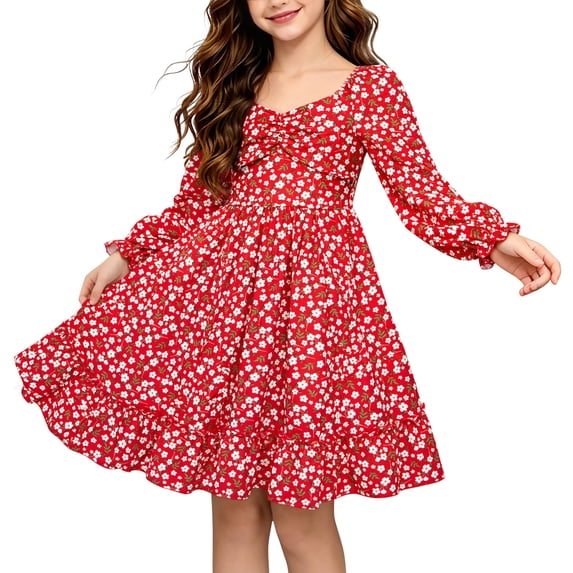 Lanbubble Girls Long Sleeve Floral Dress Square Neck Ruched A-Line Casual fall winter Dress 7-14 Years