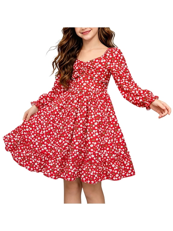 Girls Long Sleeve Floral Dress Square Neck Ruched A-Line Casual fall winter Dress 7-14 Years