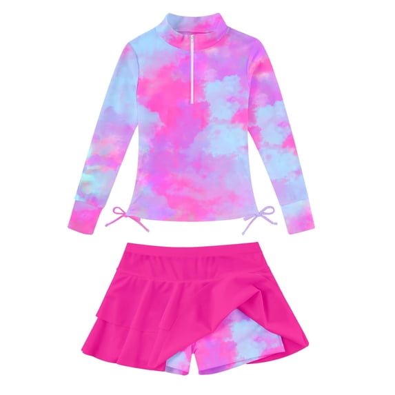 Lanbubble Girls Long Sleeve Rash Guard Swimsuit Set Kids 2-Piece Tankini UPF 50+ Swimwear with Skort Side 5-6 Years