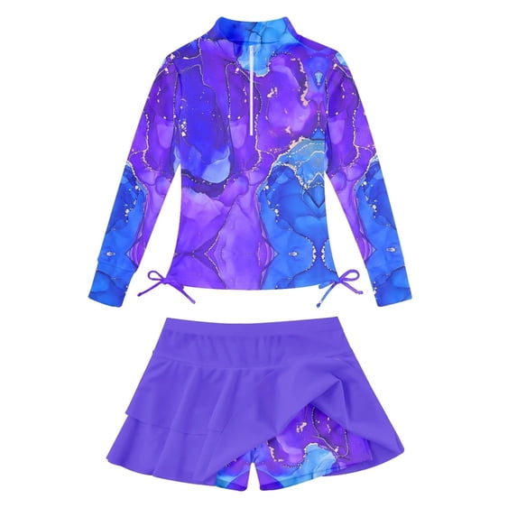 Lanbubble Girls Long Sleeve Rash Guard Swimsuit Set Kids 2-Piece Tankini UPF 50+ Swimwear with Skort Side Drawstrings Hem Mermaid Scale 7-8 Years
