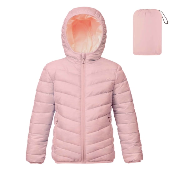 Lanbubble Girls Puffer Jacket Hooded Packable Winter Coat with Pockets Lightweight Warm Outerwear for Kids, Sizes 4-12 Years