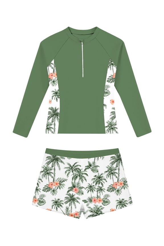 Girl Swimsuit for Teens 2 Piece Long Sleeve Rash Guard Bathing Suits Padded Girls Swimwear 11-16Y