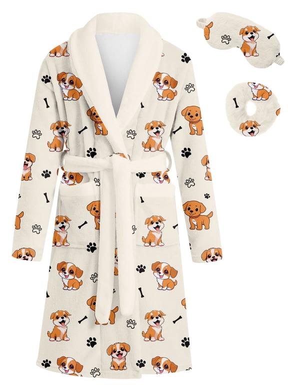 Girls Robe with Sleep Mask & Scrunchie Set, Soft Bathrobe Sleepwear for Kids 6-13 Years
