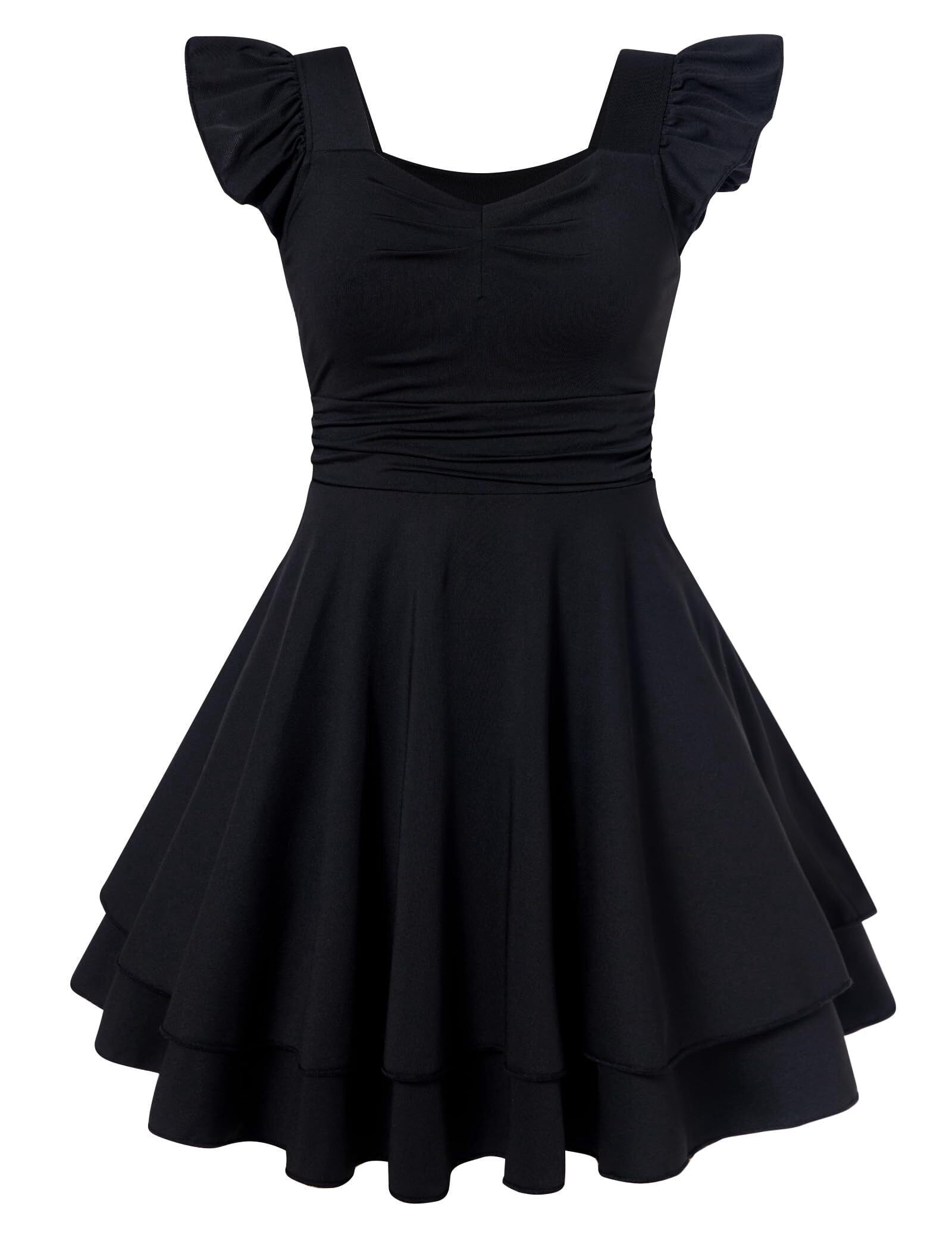 Girls Ruched Dresses Ruffle Sleeve Teens Tiered Swing A-line Black Dress 11-12 Years