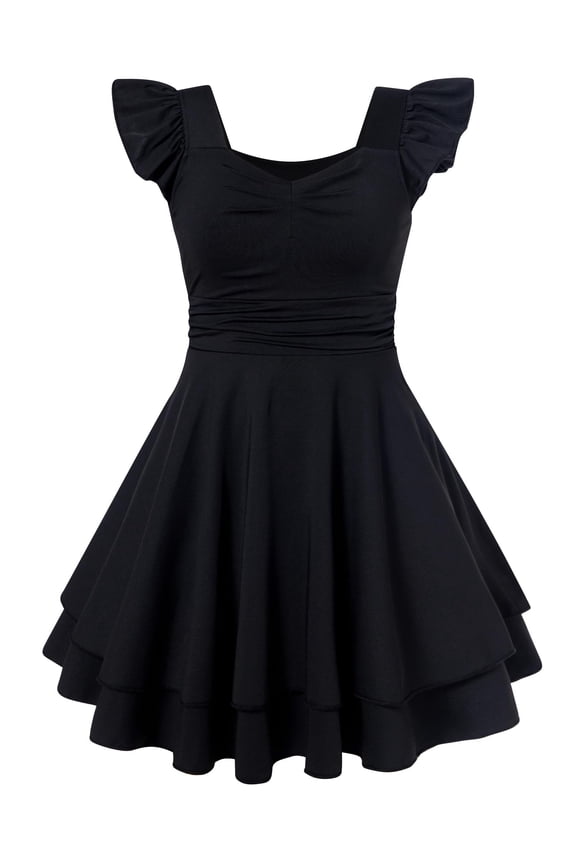 Girls Ruched Dresses Ruffle Sleeve Teens Tiered Swing A-line Black Dress 13-14 Years
