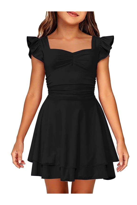 Girls Ruched Dresses Ruffle Sleeve Teens Tiered Swing A-line Black Dress 13-14 Years