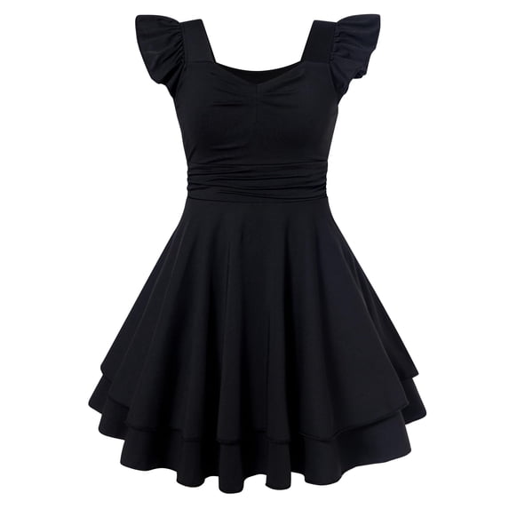Lanbubble Girls Ruched Dresses Ruffle Sleeve Teens Tiered Swing A-line Black Dress 9-10 Years